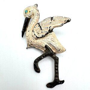 Vintage Heron Crane Bird Brooch Pin Green Stone Eye & Black Accents
